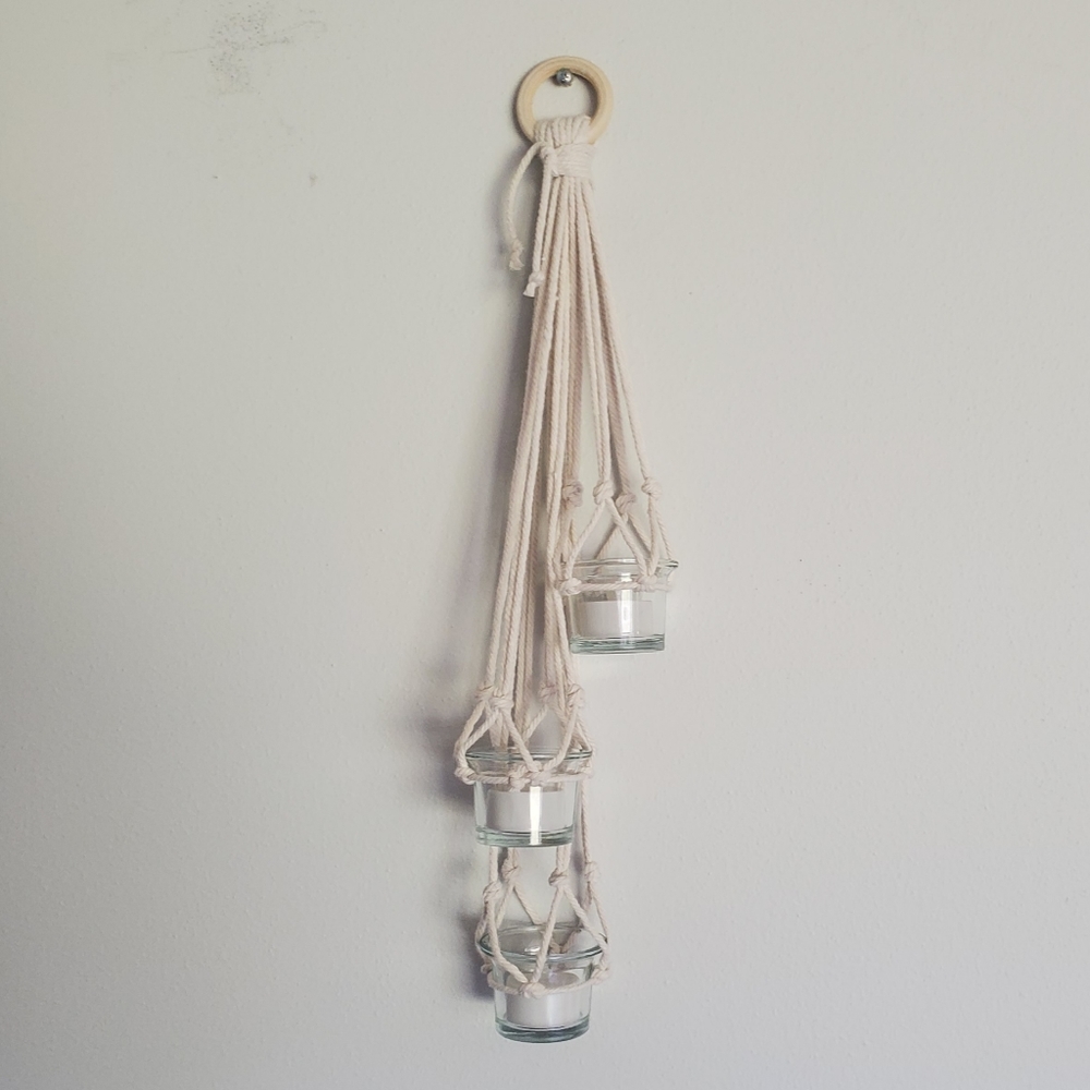 Tiered Macrame And Glass 3 Tealight Hanger With LED Flameless Candles